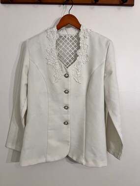 David Rose Vintage White Blazer with Lace Lattice Neckline and Pearl Buttons